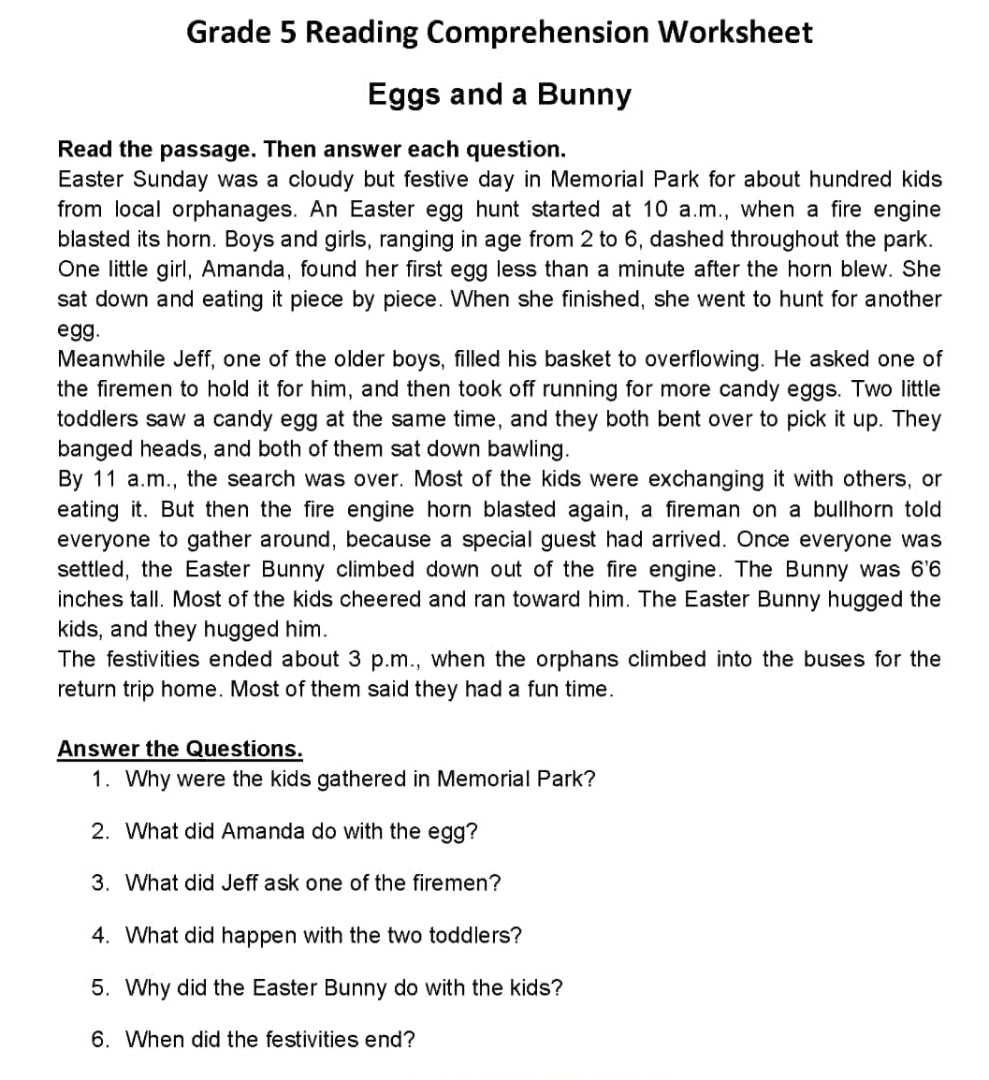 Grade 5 Reading Comprehension Worksheet Eggs StudyX