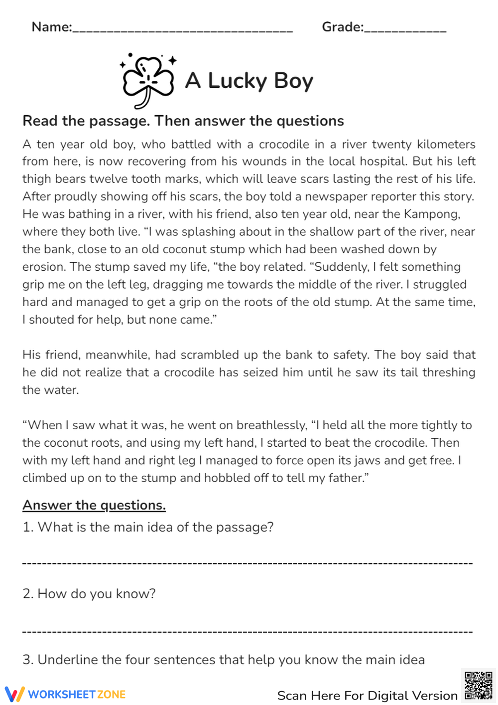 Reading Comprehension Grade 7 Free Worksheet