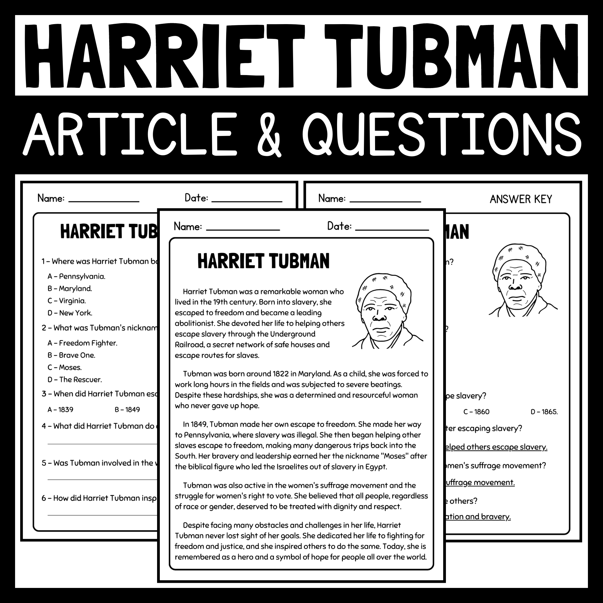 Harriet Tubman Reading Comprehension Worksheets