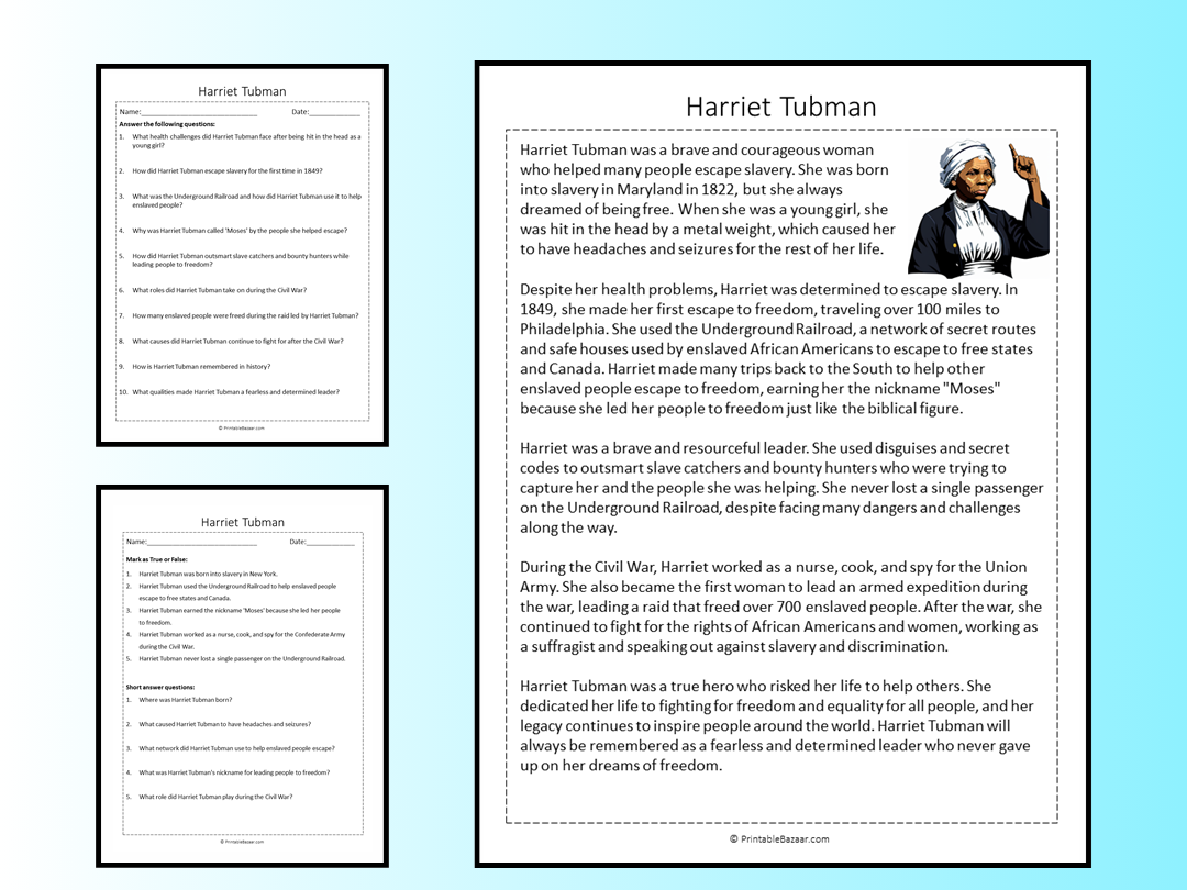 Harriet Tubman Reading Comprehension Passage Printable Worksheet 