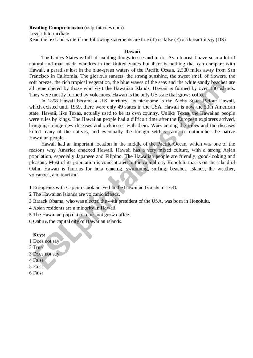 Hawaii Reading Comprehension ESL Worksheet By Zhigbaeva
