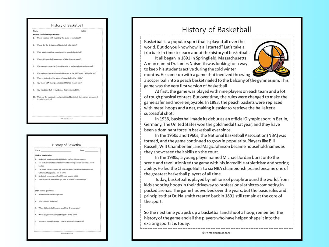History Of Basketball Reading Comprehension Passage Printable 