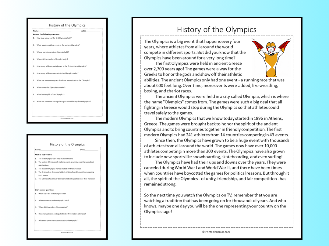 History Of The Olympics Reading Comprehension Passage Printable Worksheet Teaching Resources