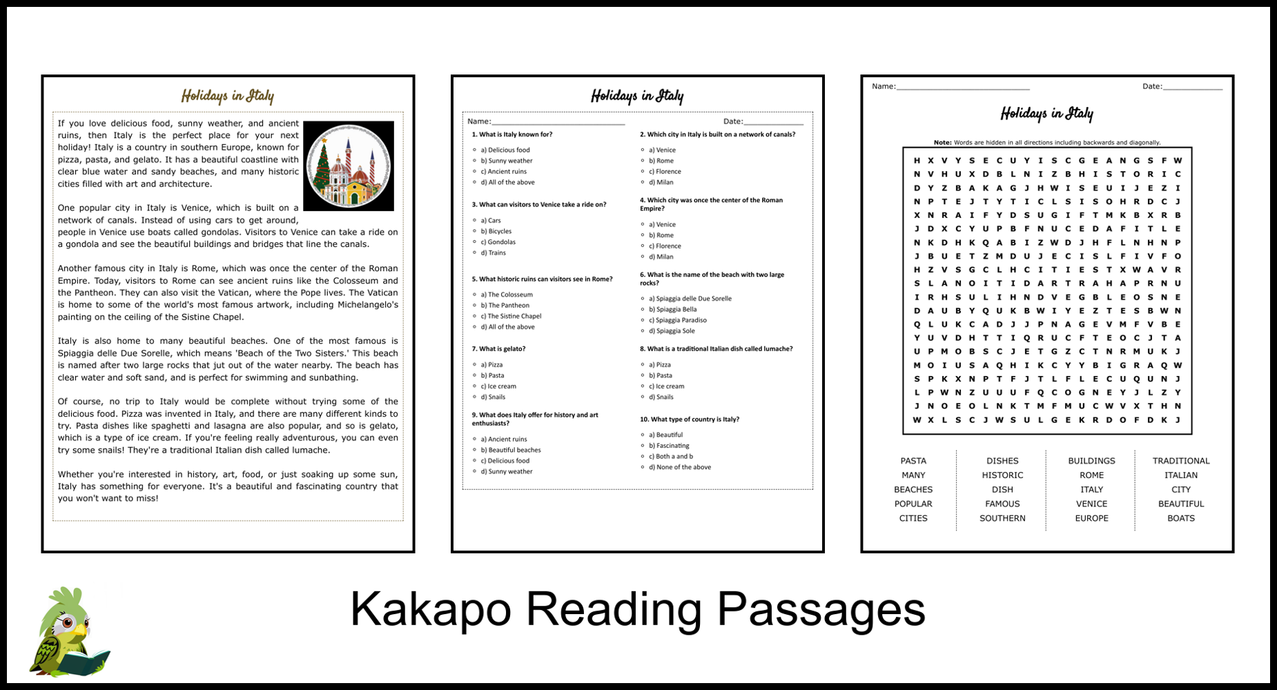 Free Printable Reading Worksheets On Italy