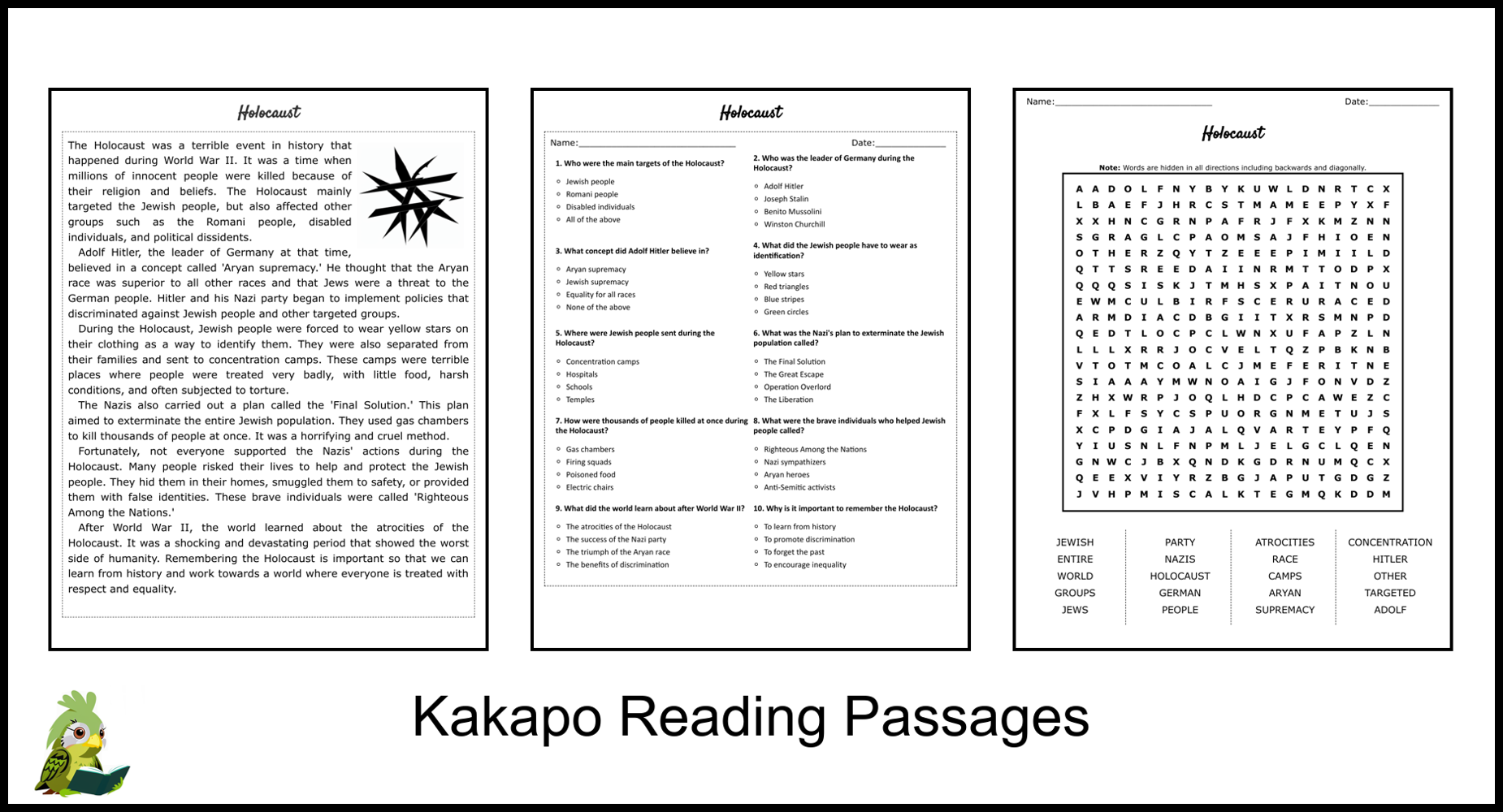 Holocaust Reading Comprehension And Word Search Teaching Resources