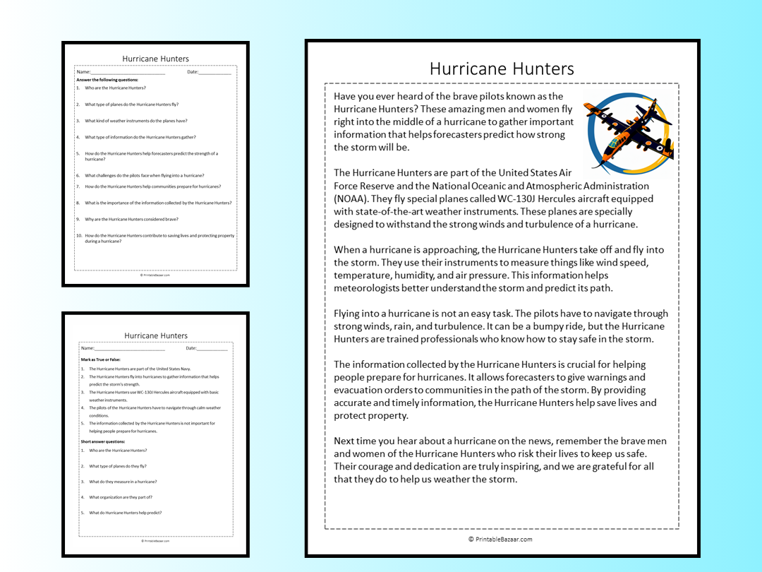 Hurricane Hunters Reading Comprehension Passage Printable Worksheet Teaching Resources