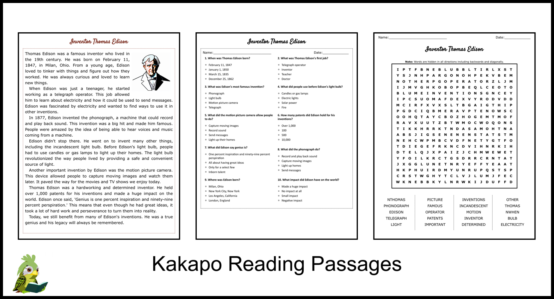 Inventor Thomas Edison Reading Comprehension And Word Search Teaching Resources