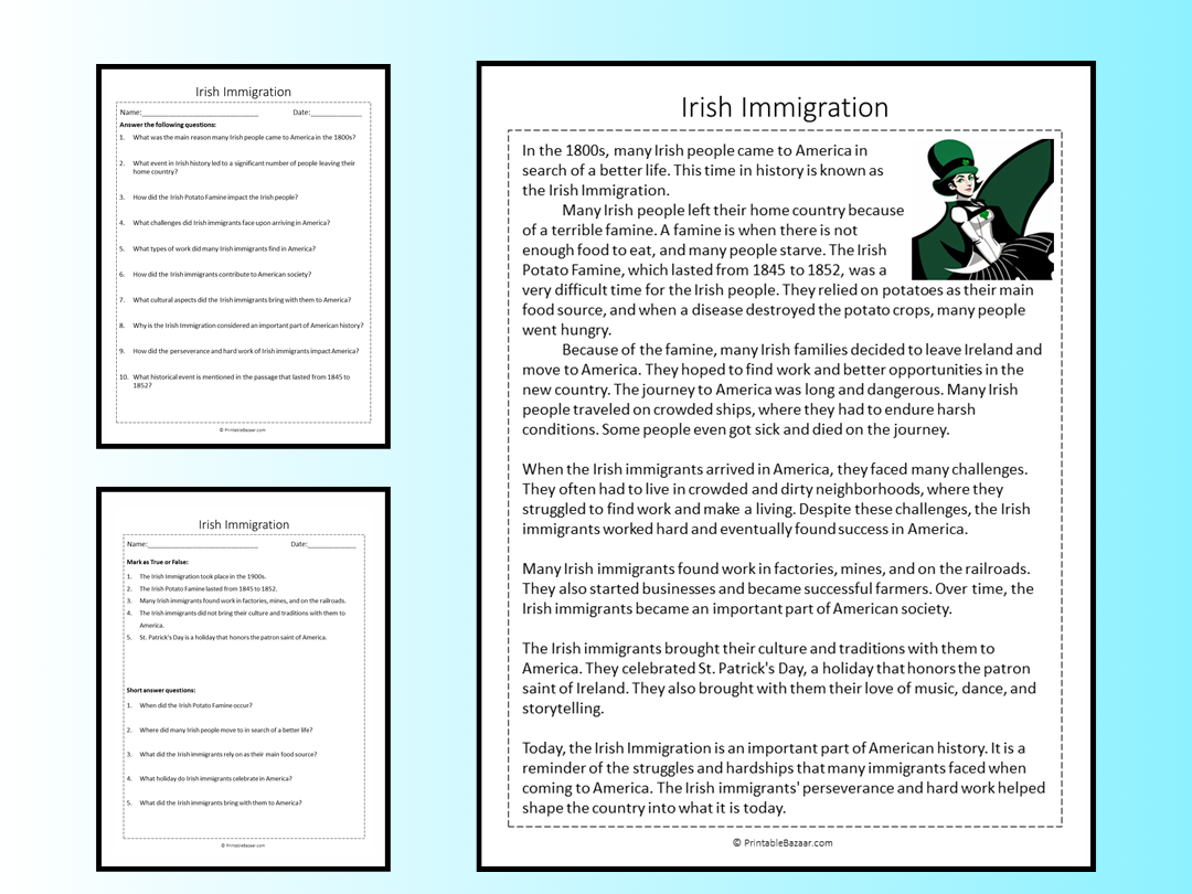 Irish Immigration Reading Comprehension Passage Printable Worksheet Teaching Resources