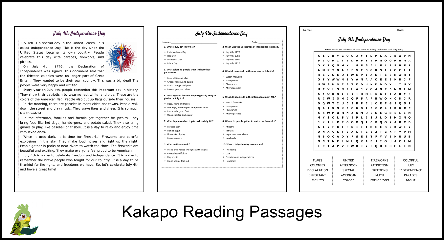 July 4th Independence Day Reading Comprehension And Word Search Teaching Resources