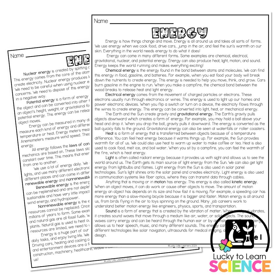 Lucky To Learn Science Energy Reading Passage Article Lucky 