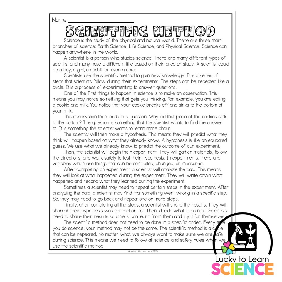 Lucky To Learn Science Scientific Method Reading Passage 