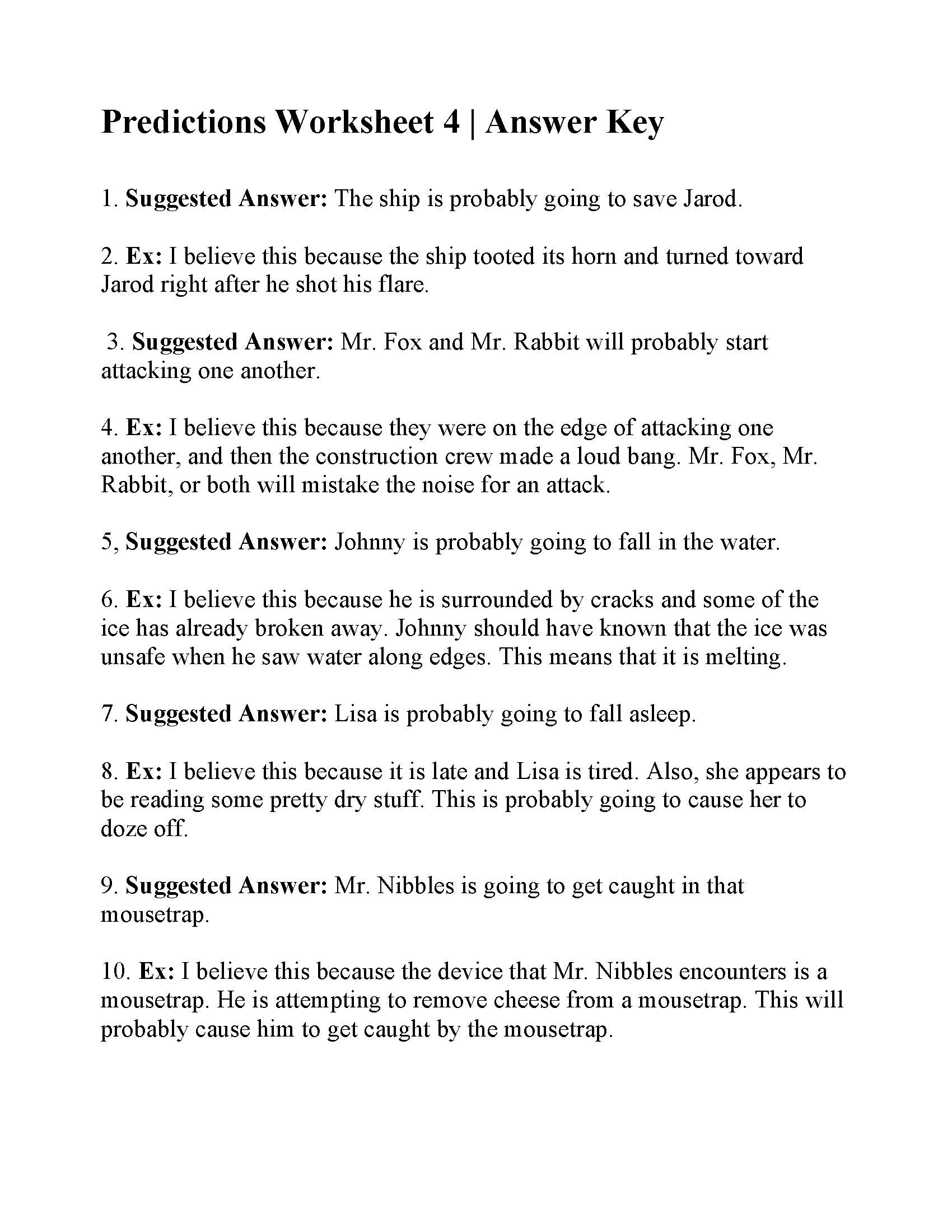 Making Predictions Worksheet 4 Reading Activity