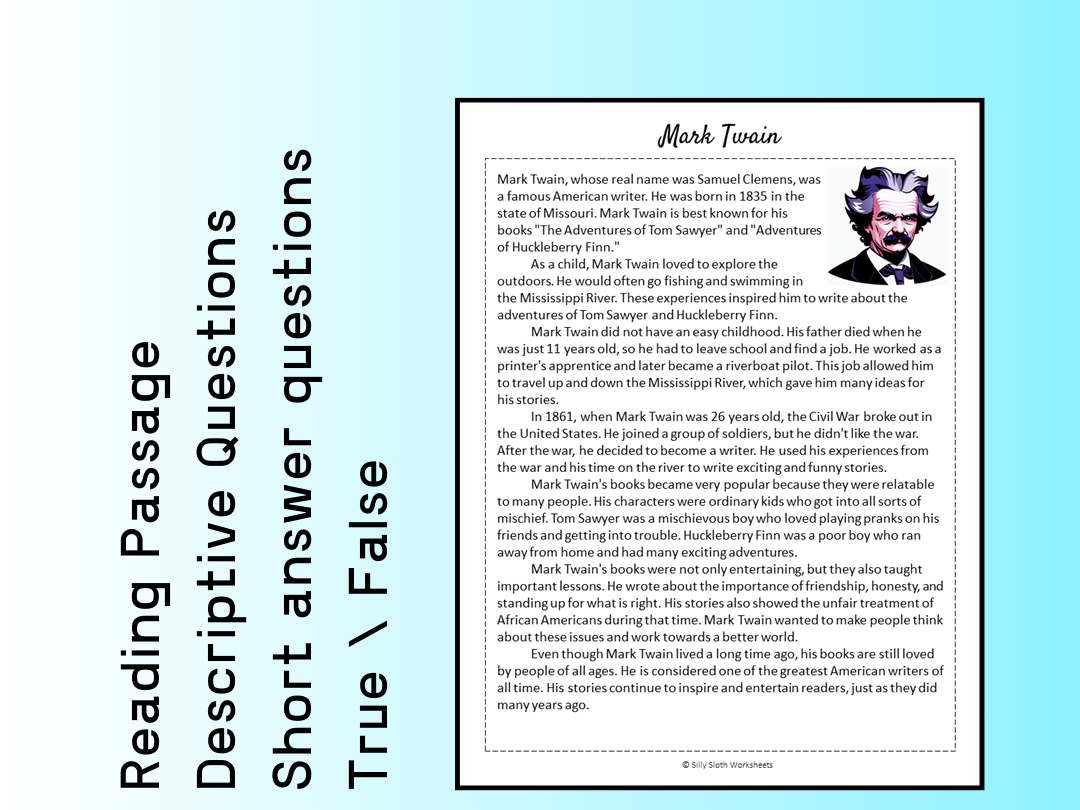 Mark Twain Biography Reading Comprehension Passage Printable Worksheet PDF Teaching Resources