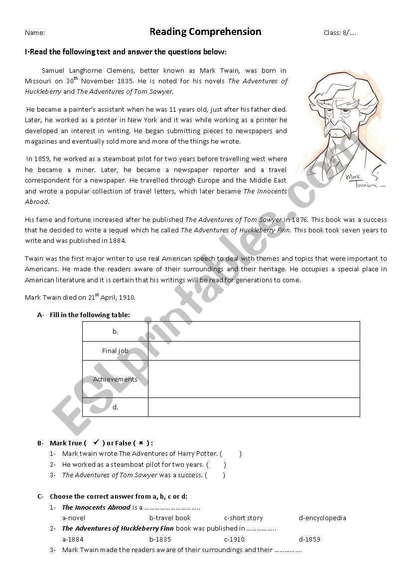 Mark Twain ESL Worksheet By Girlish