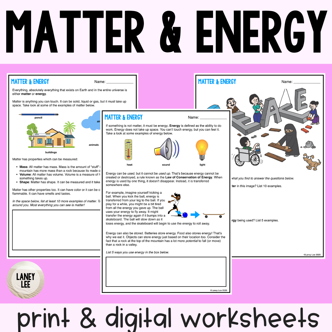 Matter U0026 Energy Reading Comprehension Worksheets Laney Lee