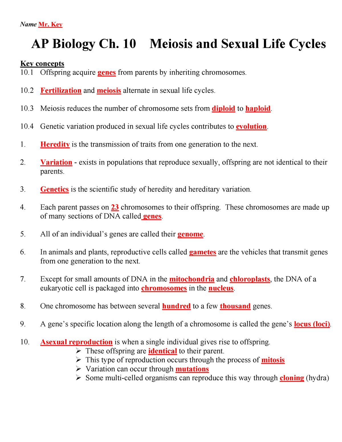 Meiosis Reading Comprehension Worksheet Answer Key
