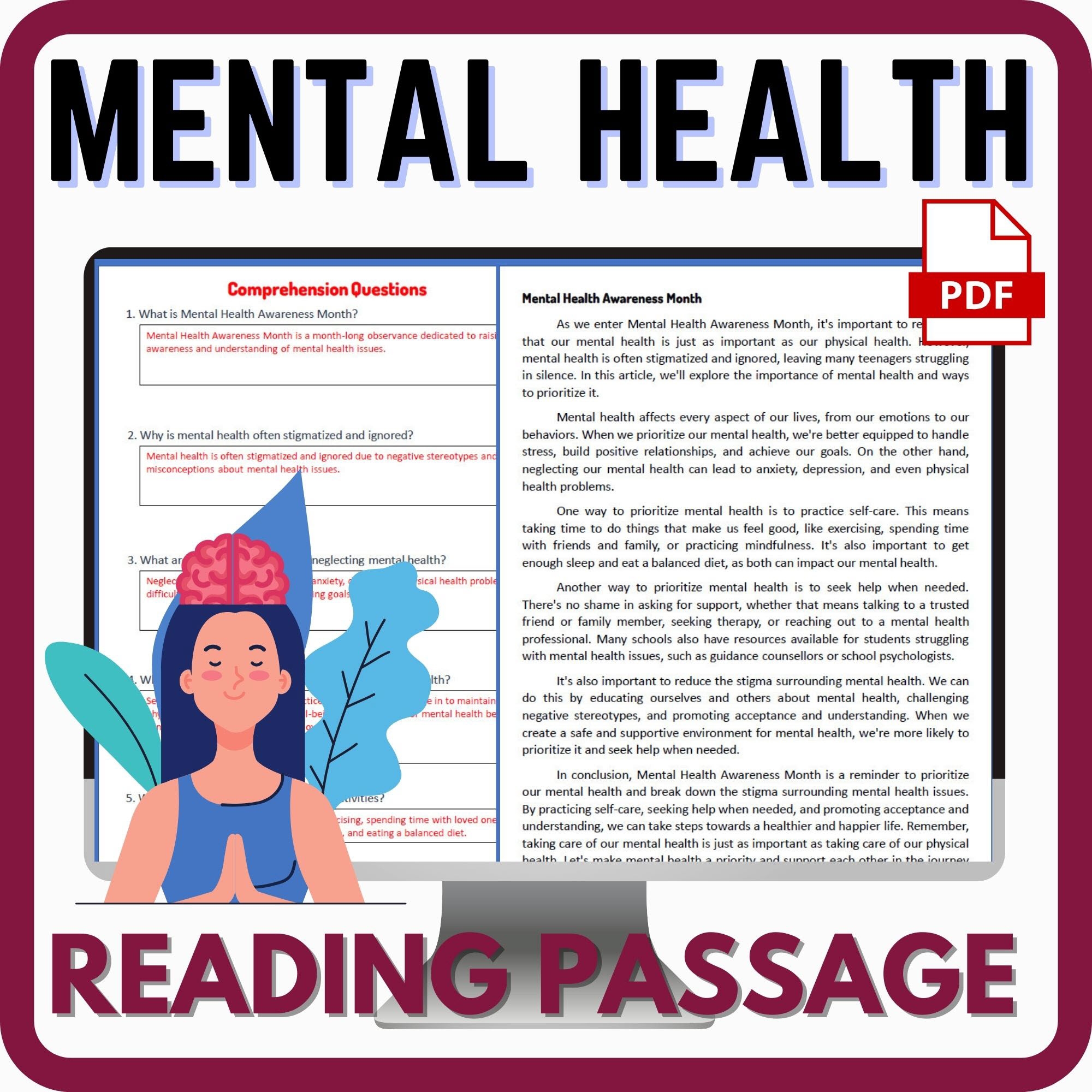 Mental Health Awareness Reading Passage With Comprehension Questions Digital And Print Made By Teachers
