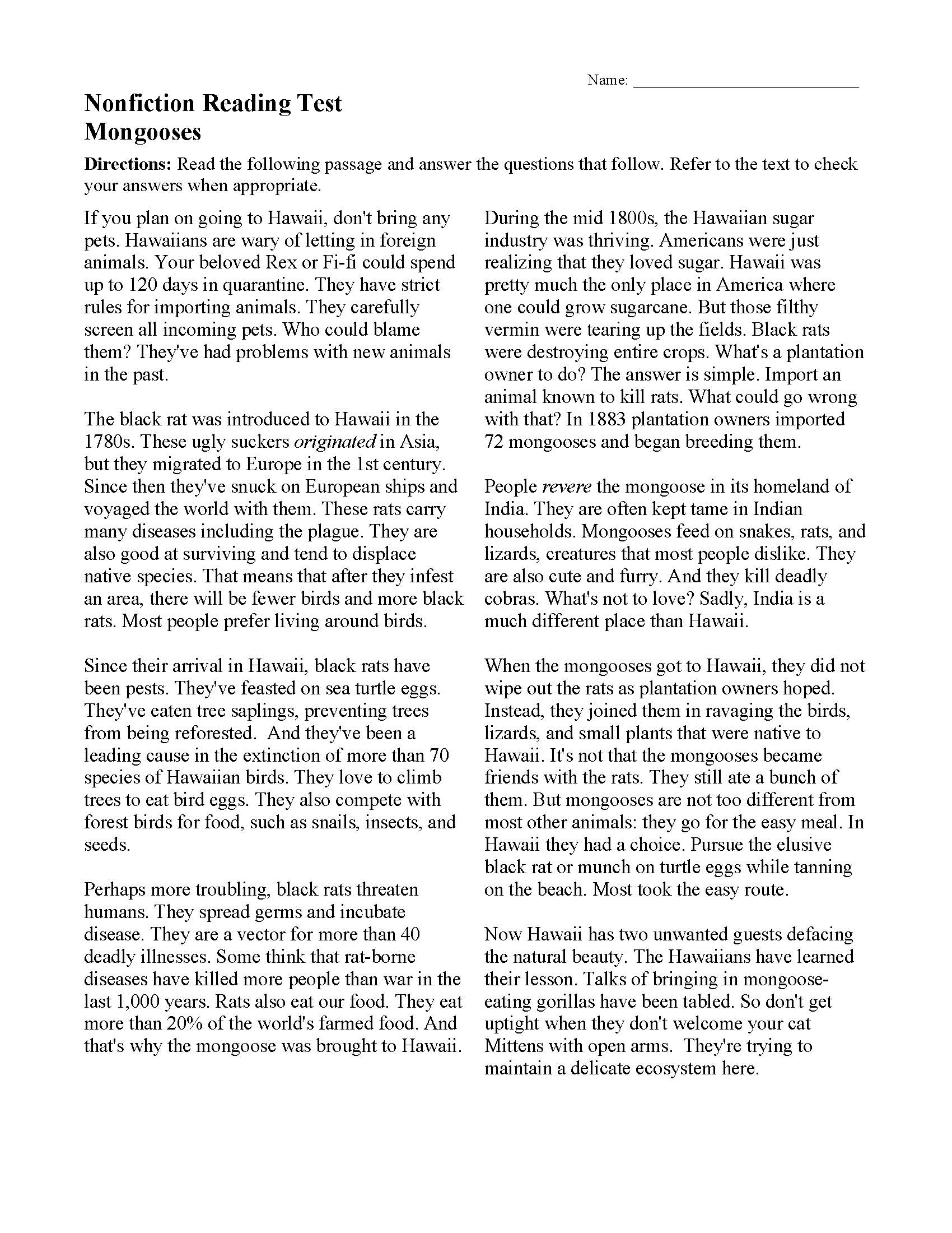 Hawaii Reading Comprehension Worksheets