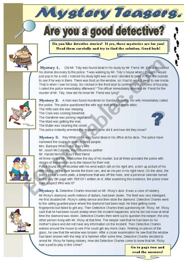 MYSTERY TEASERS PART 1 Reading Activity Amazing Detective Brain Teasers For You And Your Students WITH KEYS ESL Worksheet By Svetamarik Svetlana