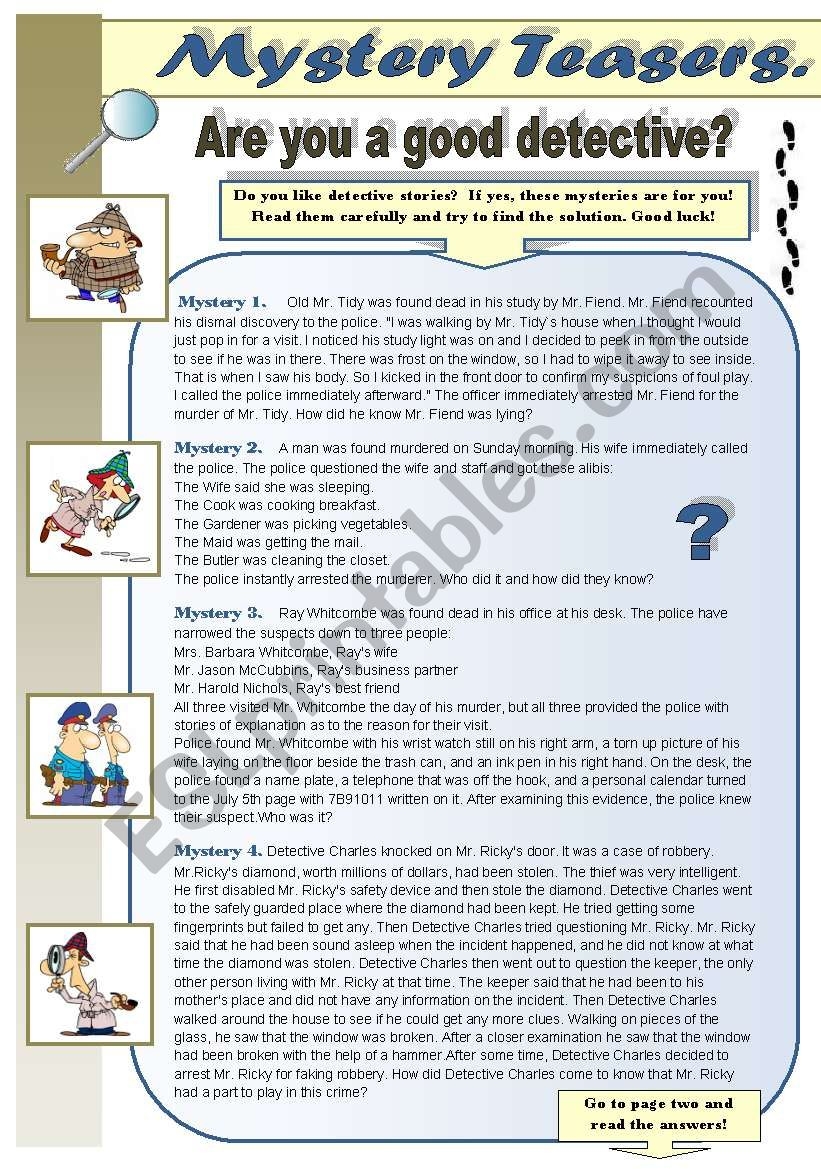 MYSTERY TEASERS PART 1 Reading Activity Amazing Detective Brain Teasers For You And Your Students WITH KEYS ESL Worksheet By Svetamarik Svetlana