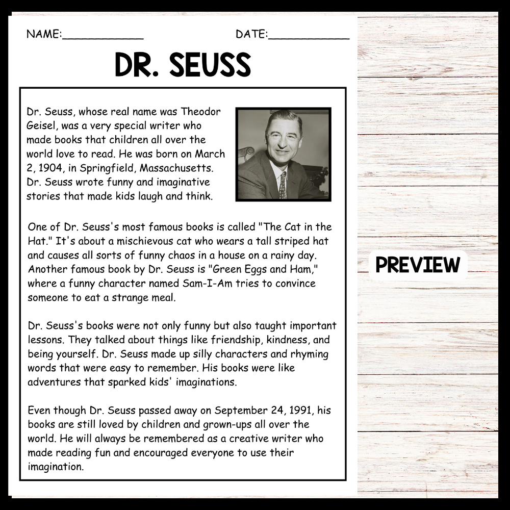 National Poetry Month Dr Seuss s BIOGRAPHY Reading Comprehension Made By Teachers