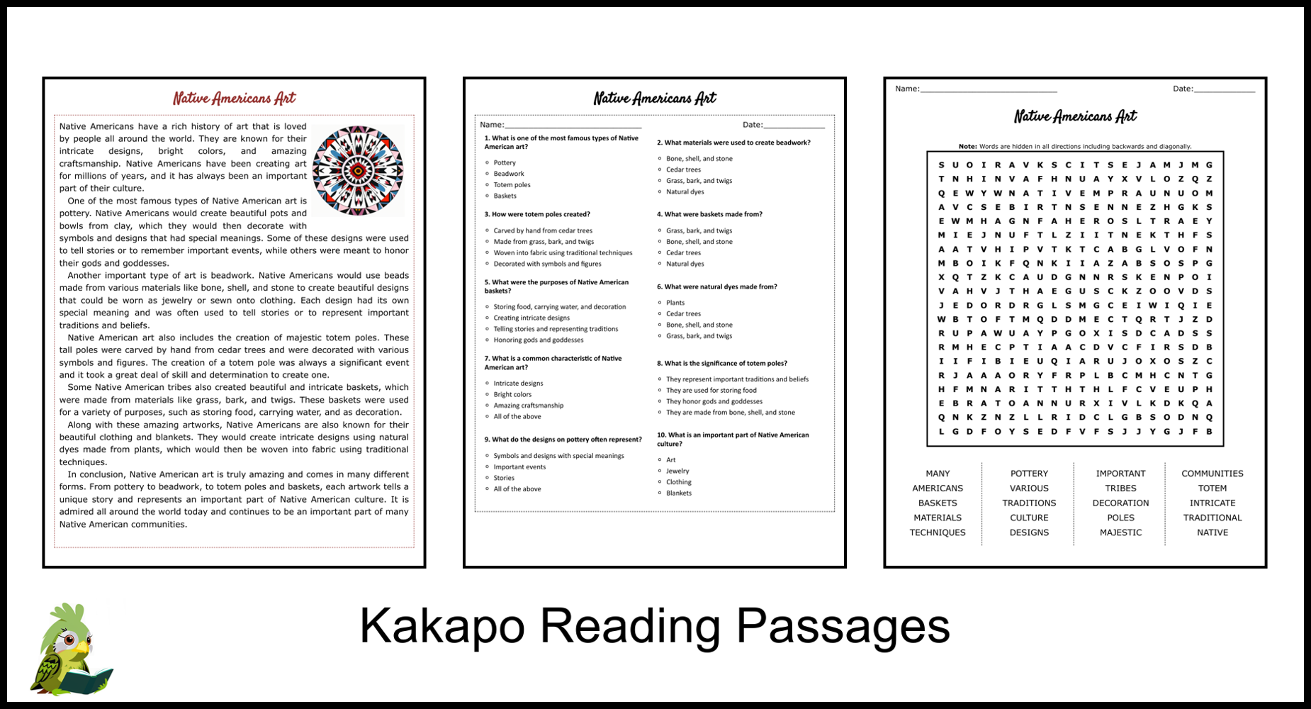 Native Americans Art Reading Comprehension And Word Search Teaching Resources