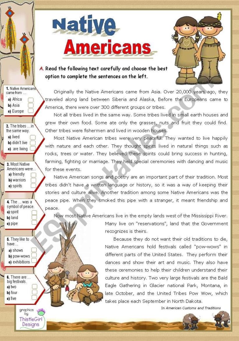 Native Americans Reading For Upper Elementary U0026 Lower Intermediate Stds ESL Worksheet By Mena22