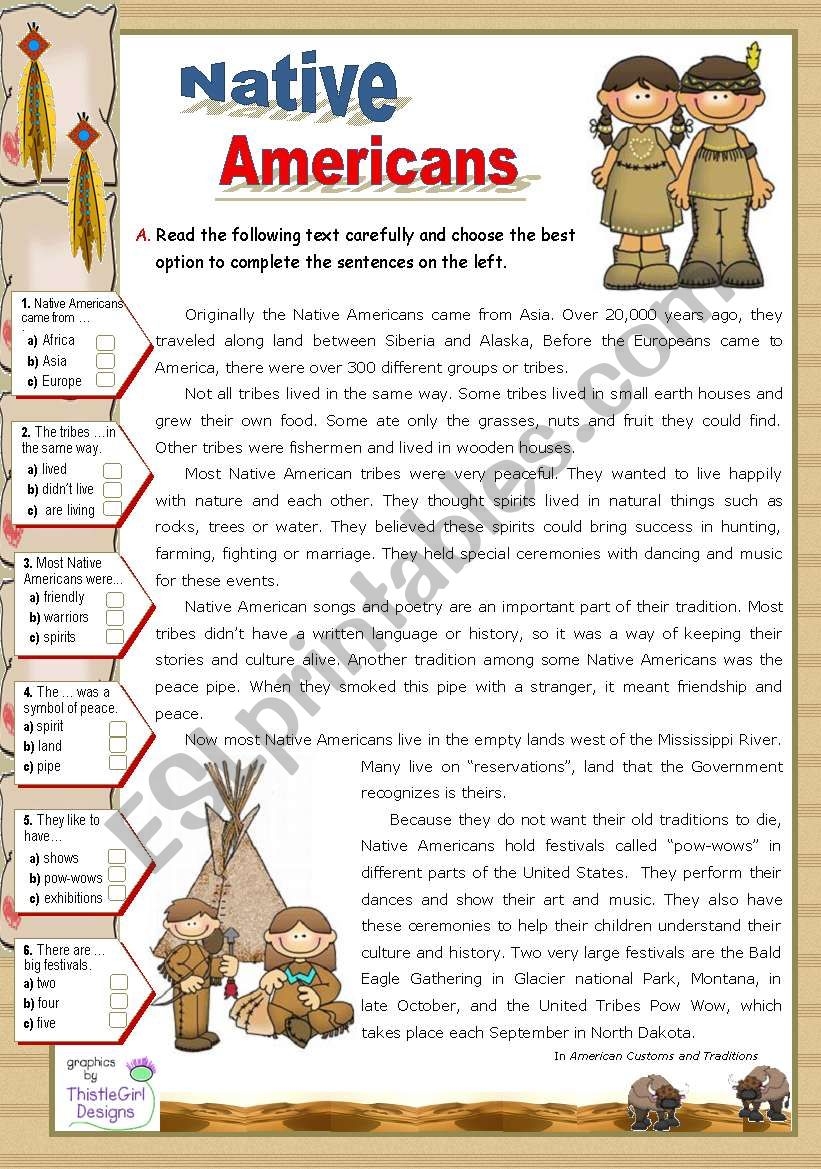 Native Americans Reading For Upper Elementary U0026 Lower Intermediate Stds ESL Worksheet By Mena22