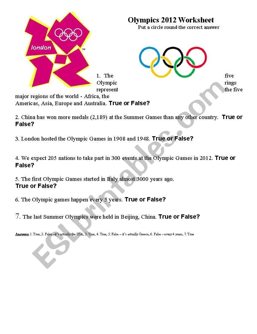 Olympics 2012 Quiz ESL Worksheet By Jojo8