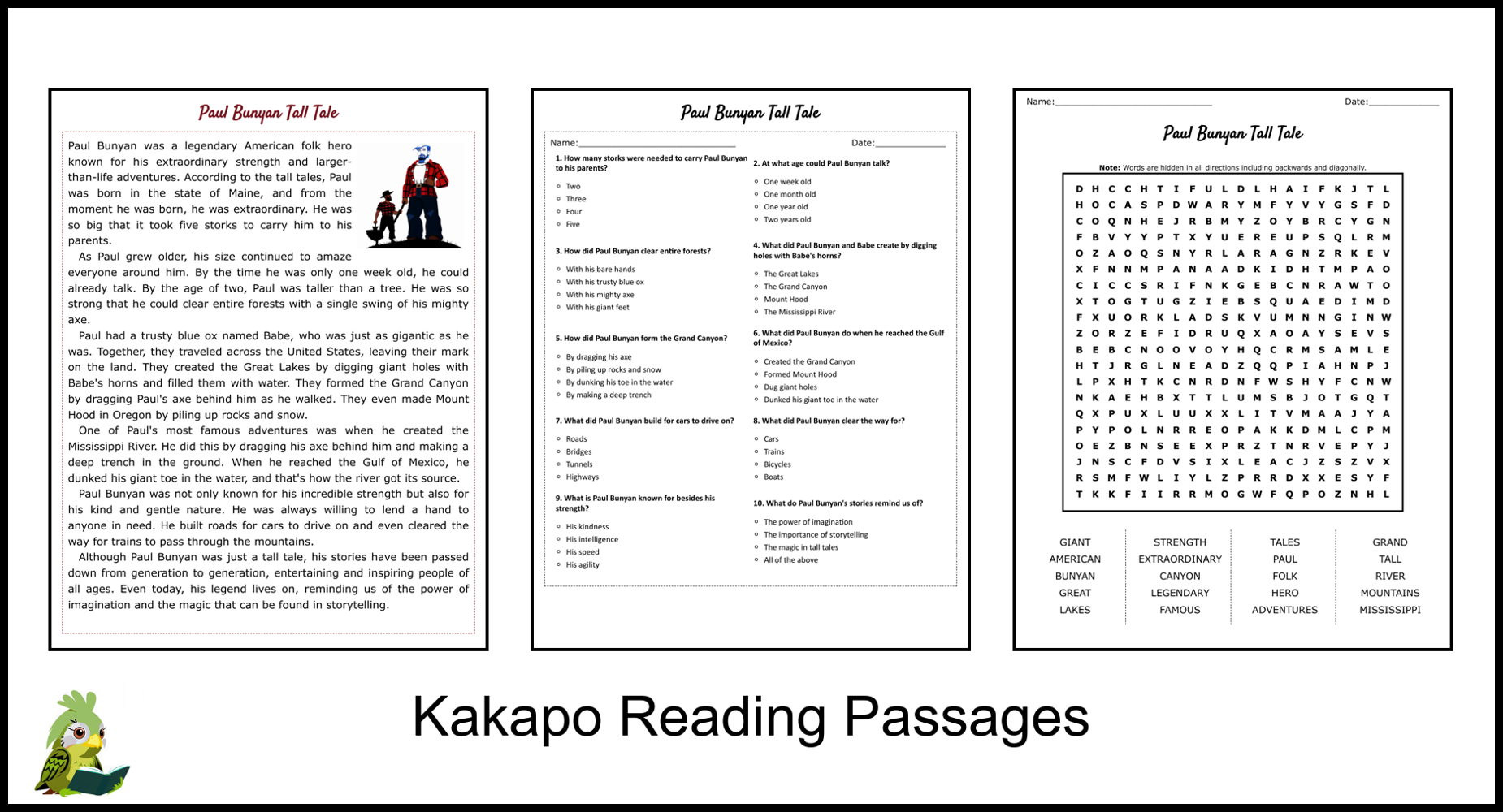 Paul Bunyan Tall Tale Reading Comprehension And Word Search 
