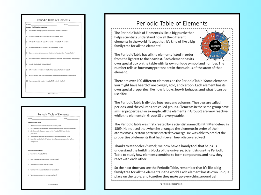 Periodic Table Of Elements Reading Comprehension Passage Printable 