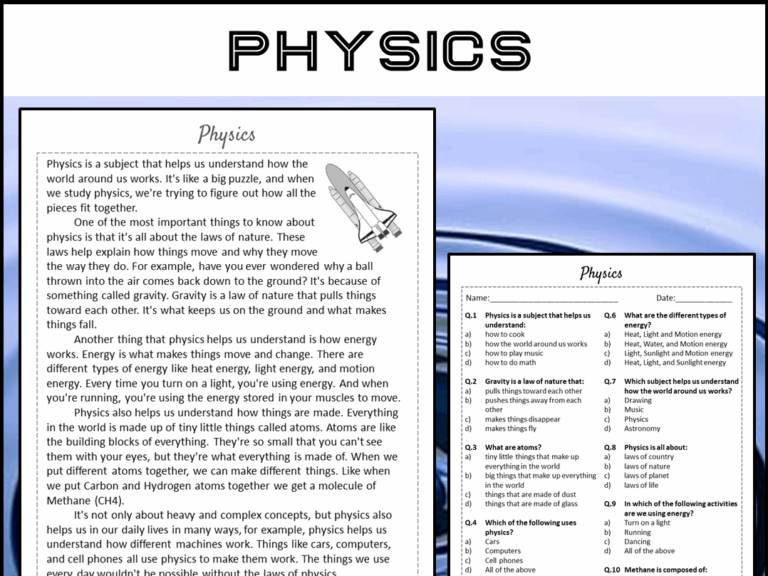 Physics Reading Comprehension Passage And Questions PDF Teaching Resources