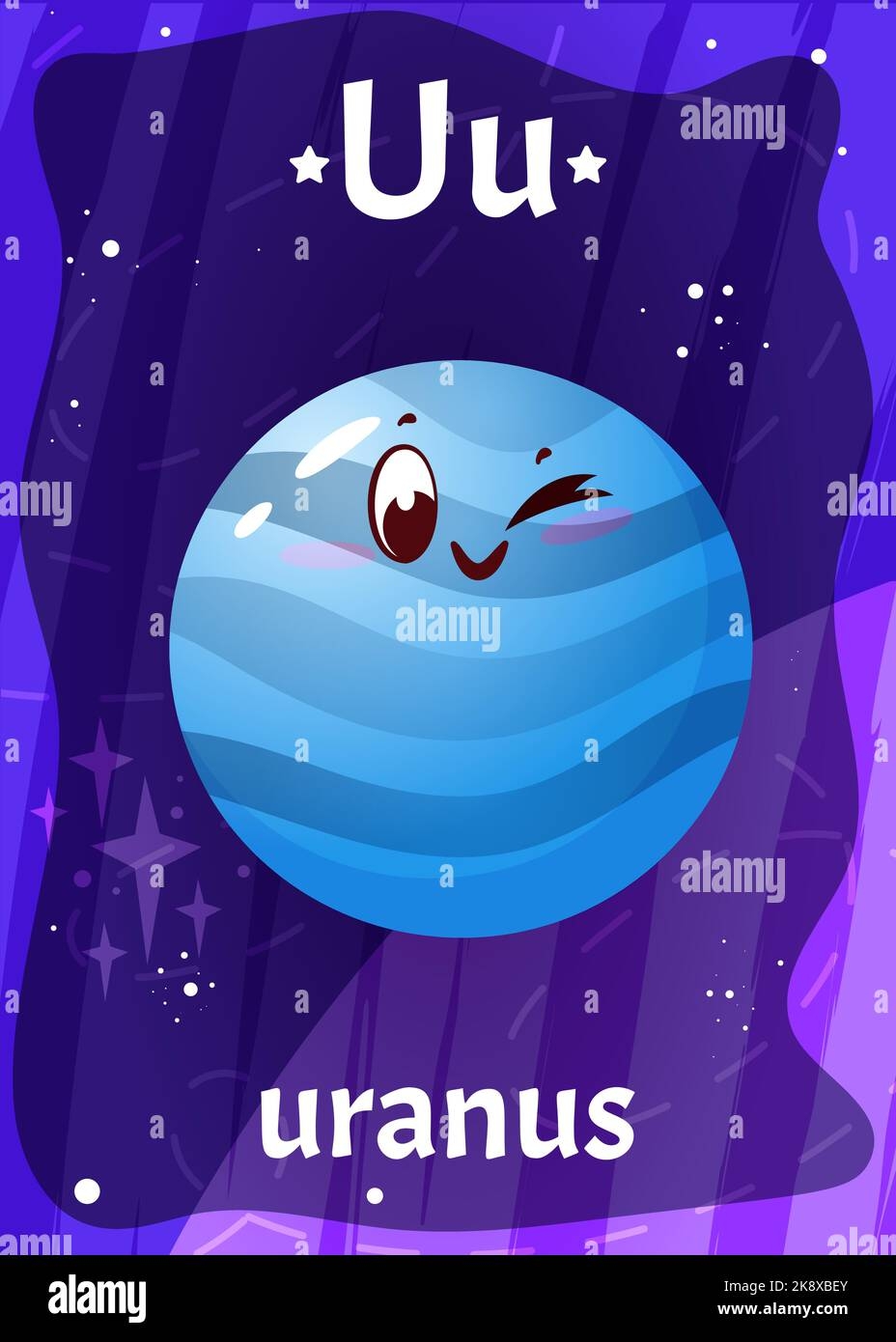 Printable Space Alphabet Flashcard With Letter U Cartoon Cute Uranus Planet In Solar System With English Word Name On Flash Card For Children Education Kid Cards For Teaching Reading In Preschool Stock