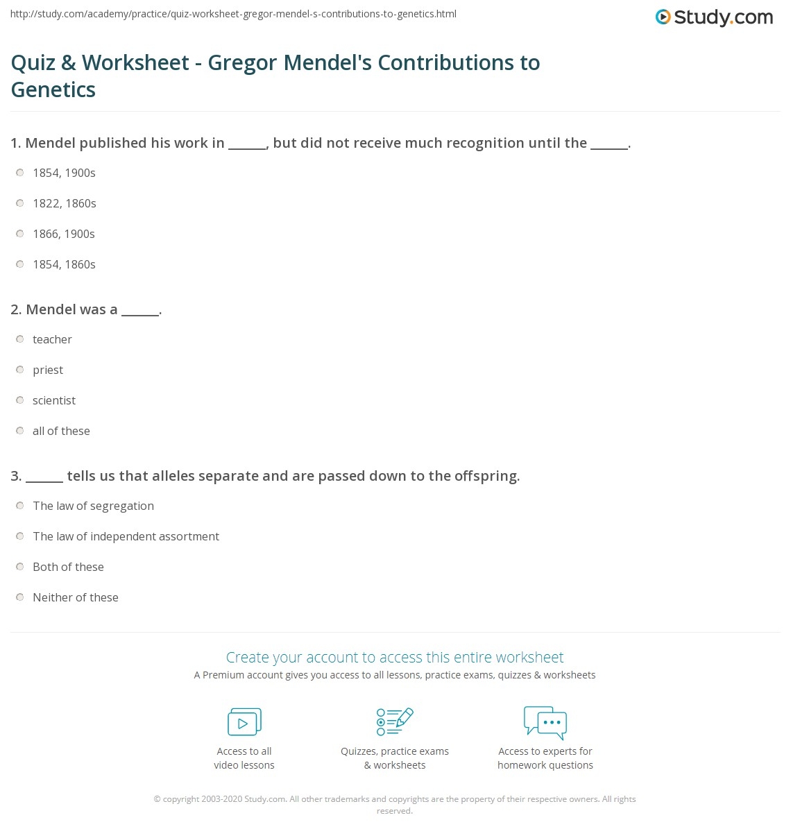 Quiz U0026 Worksheet Gregor Mendel s Contributions To Genetics Study