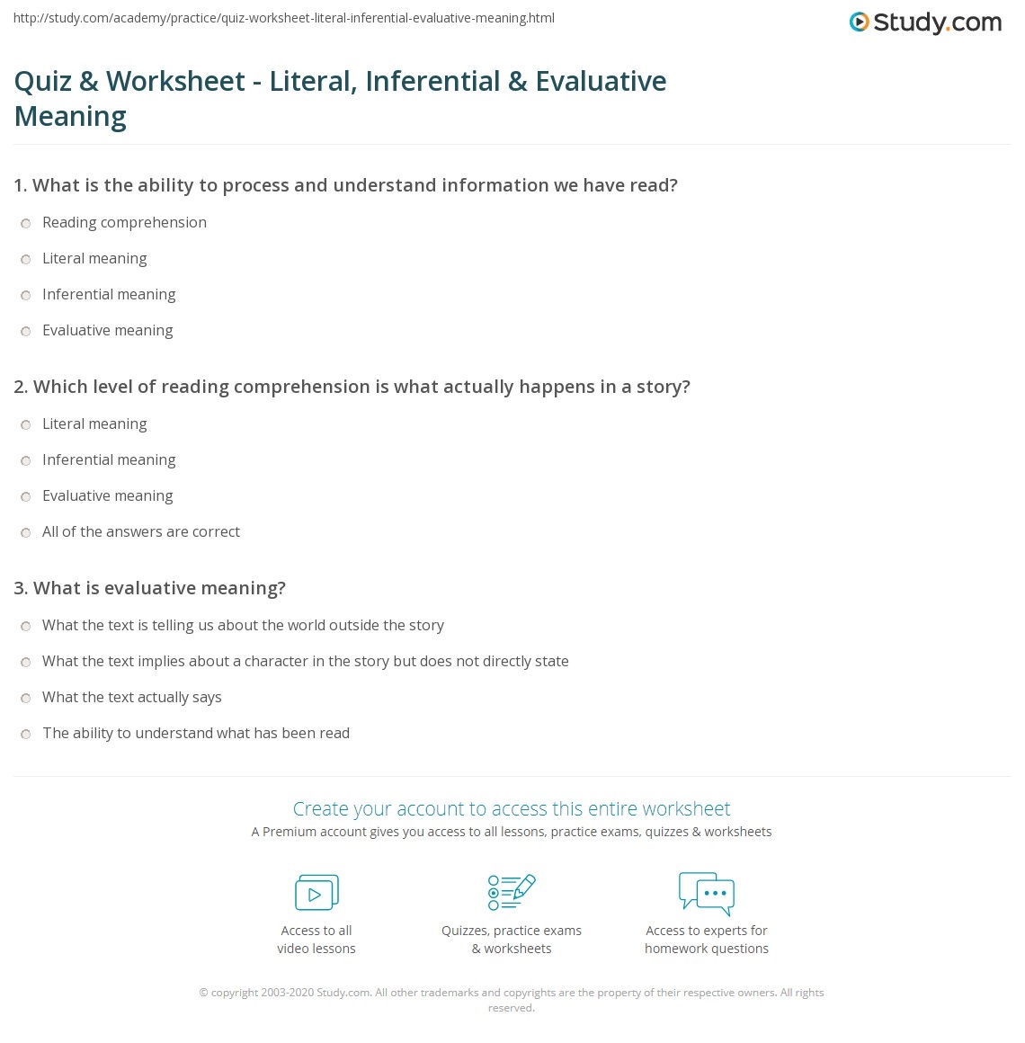 Quiz U0026 Worksheet Literal Inferential U0026 Evaluative Meaning 