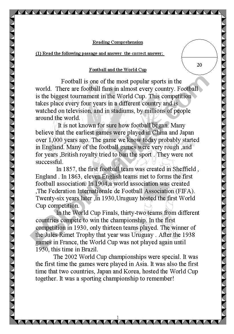Reading Comprehension About Football ESL Worksheet By Tareq