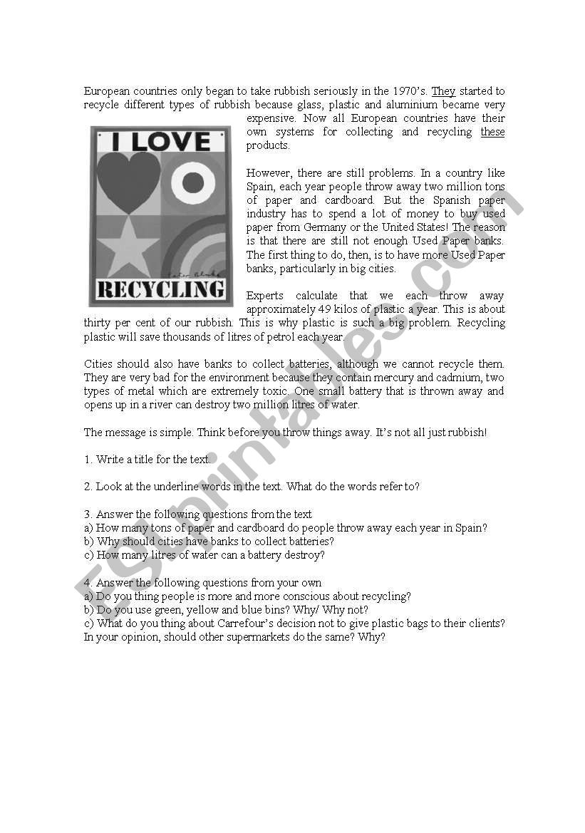Reading Comprehension About Recycling ESL Worksheet By Mrope