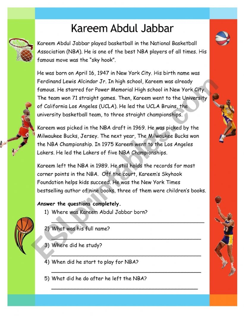 Basketball Reading Comprehension Worksheets