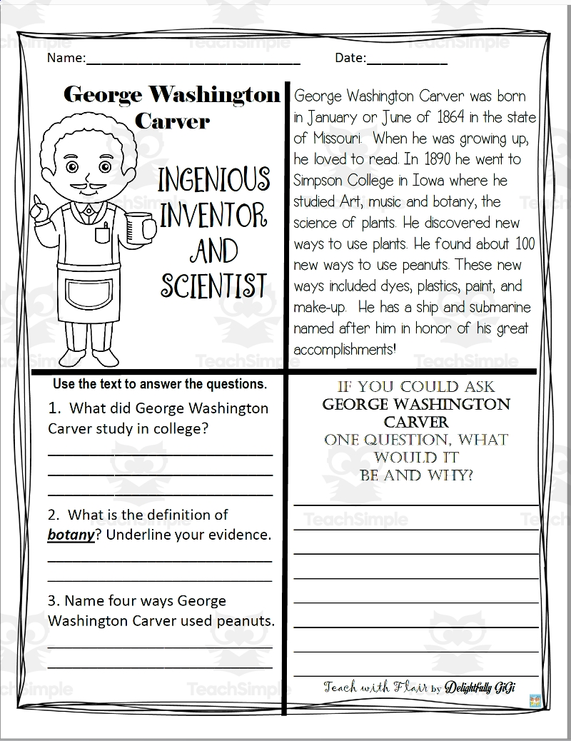 Reading Comprehension For Black History Month George Washington Carver
