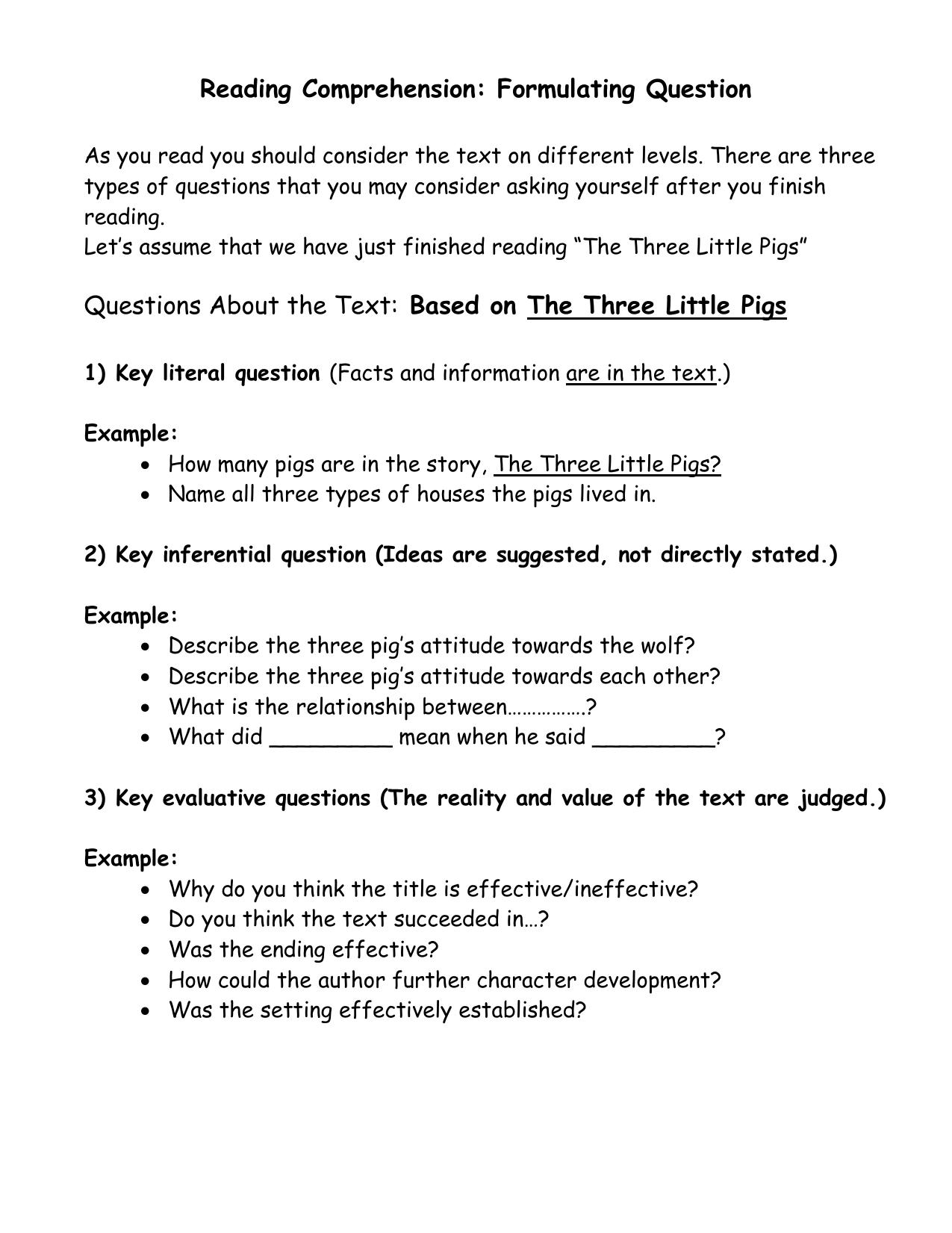 Reading Comprehension Formulating Questions
