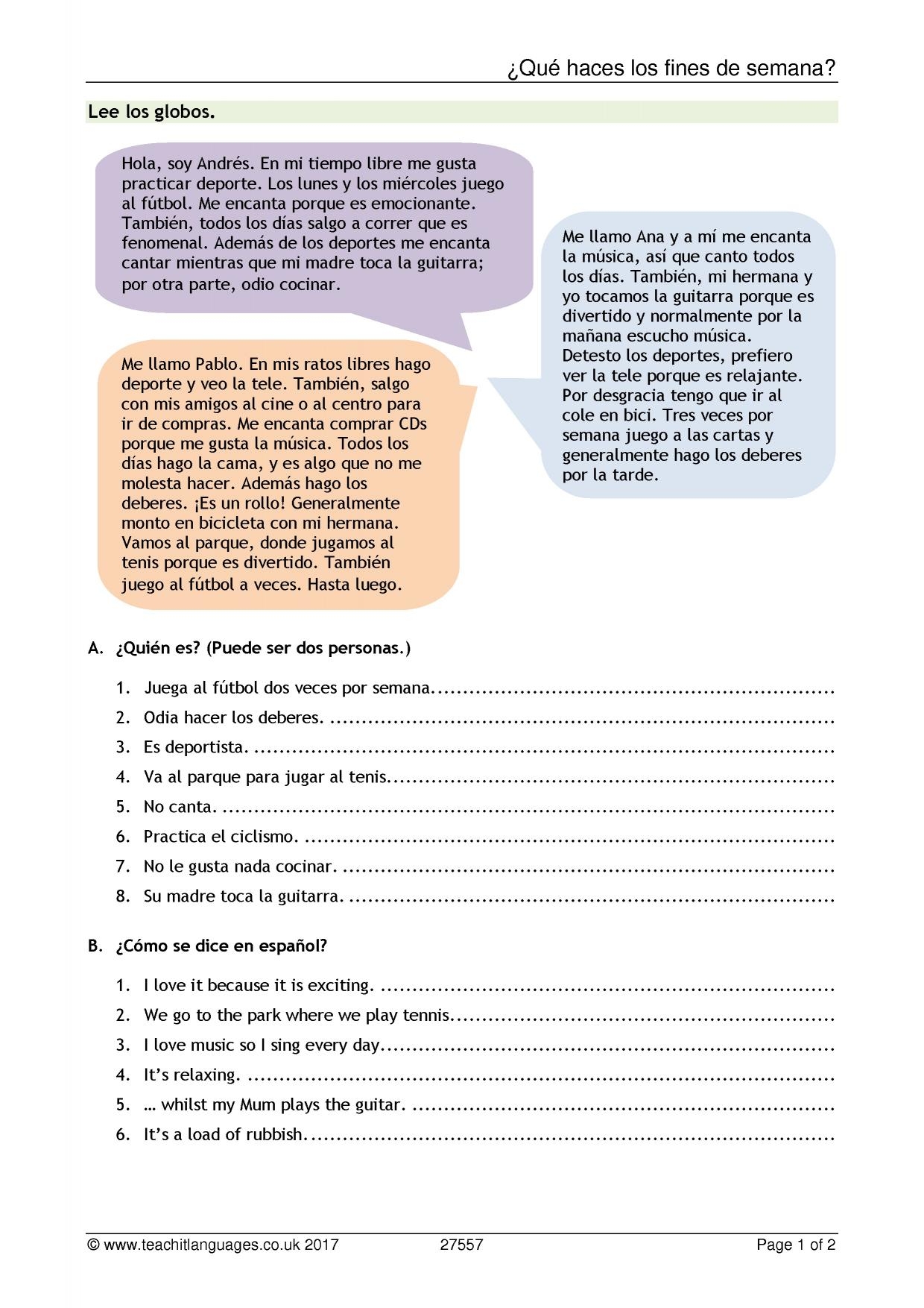 Spanish Reading Comprehension Worksheets Pdf