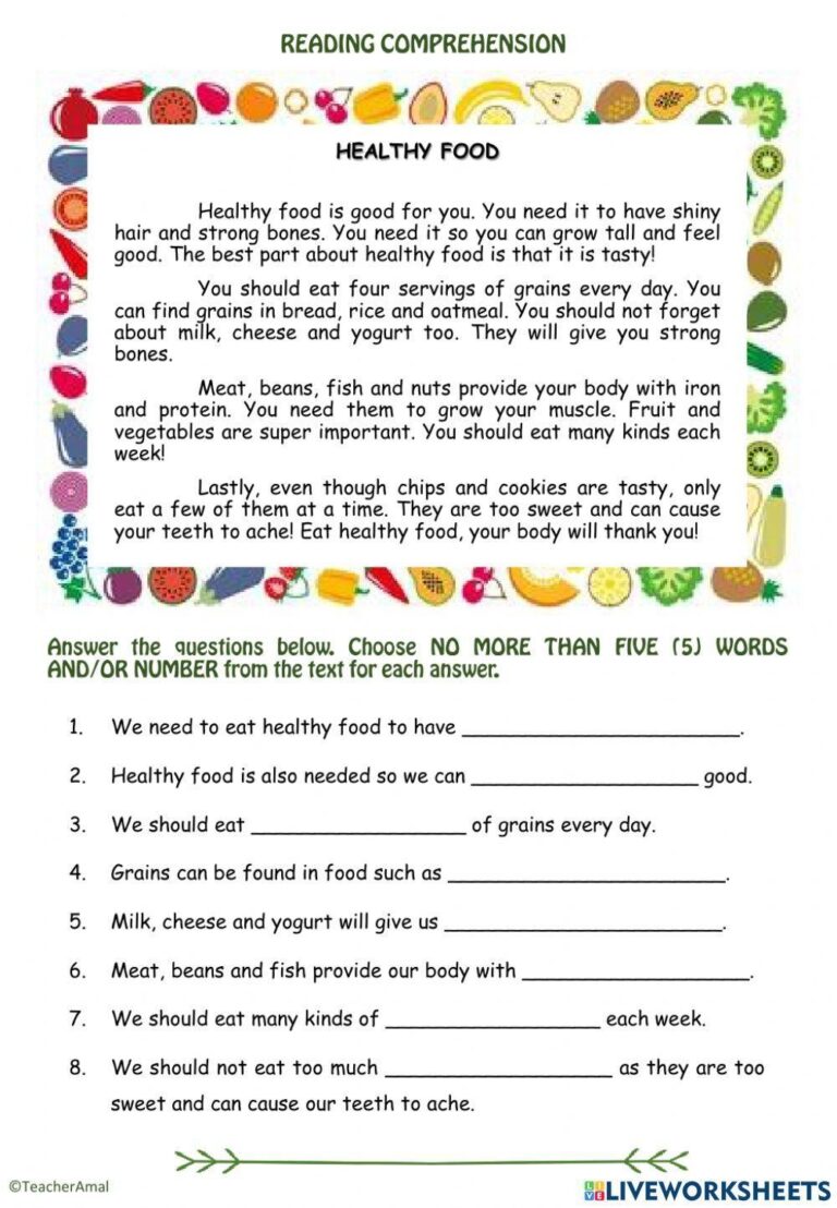 Reading Comprehension Healthy Food Worksheet Live Worksheets