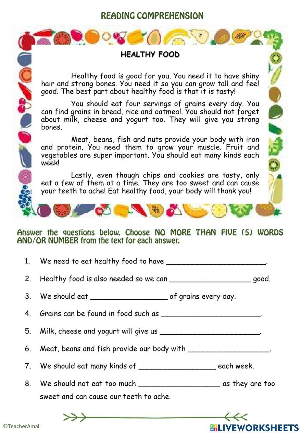 Reading Comprehension Healthy Food Worksheet Live Worksheets 