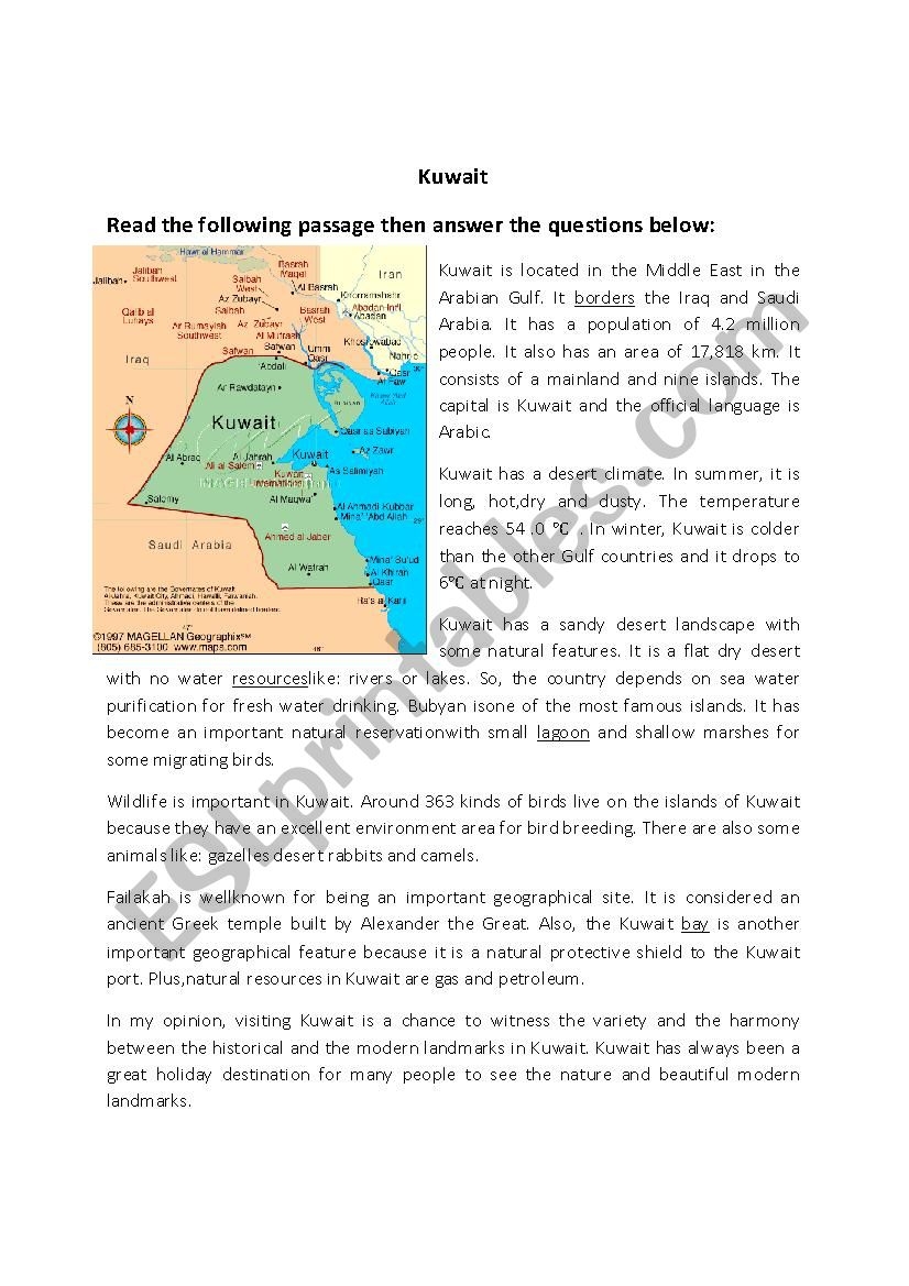 Reading Comprehension Kuwait ESL Worksheet By Ahlam