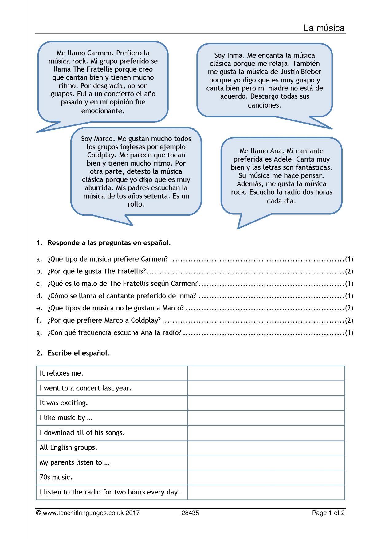 Reading Comprehension Music KS4 Spanish Teaching Resource Teachit