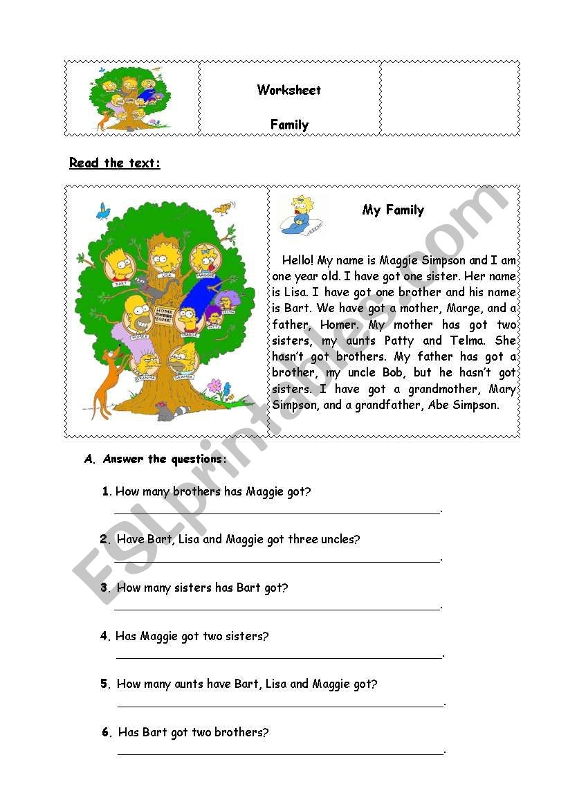 My Family Reading Comprehension Worksheets