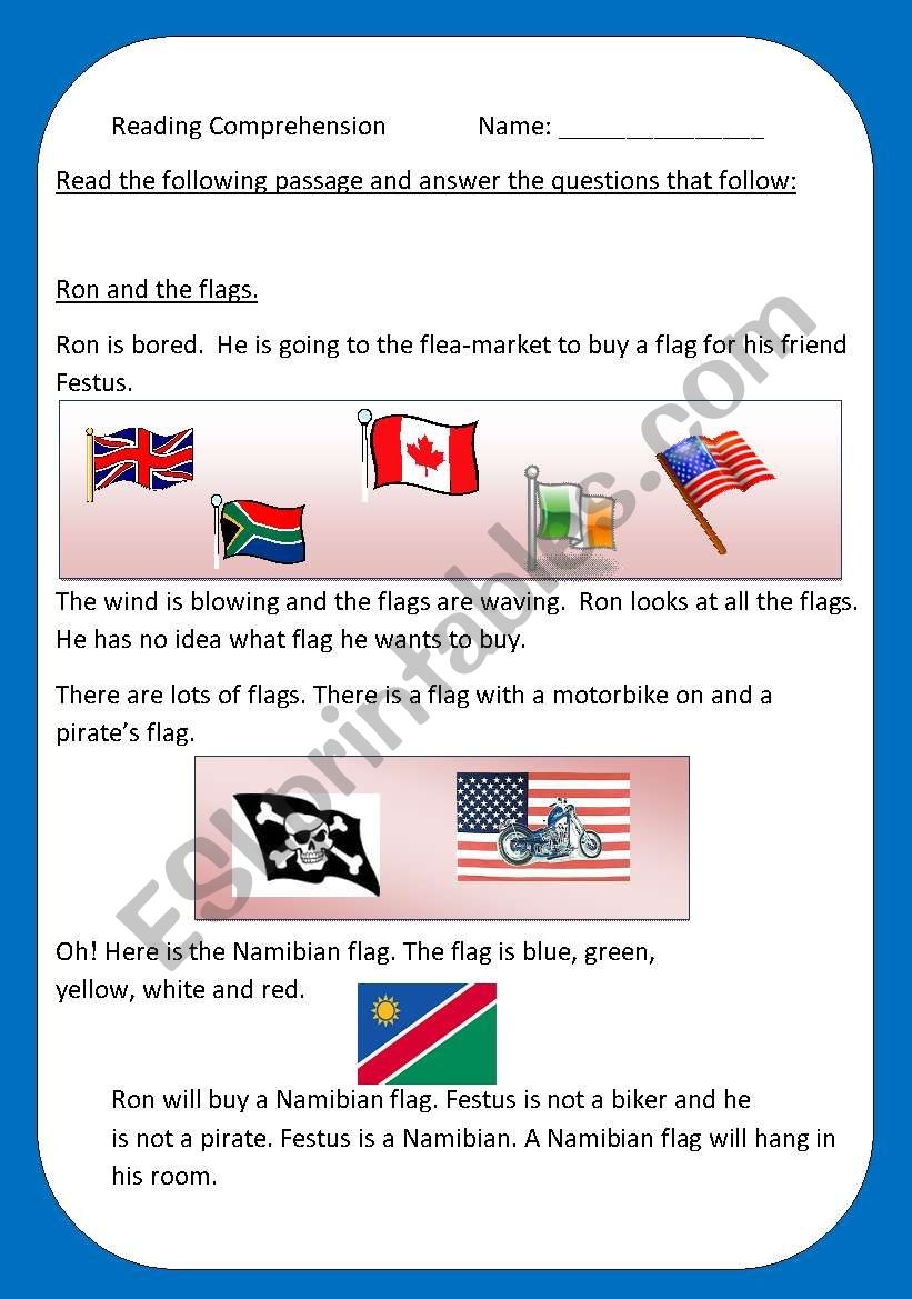 Flag Day Reading Comprehension Worksheets