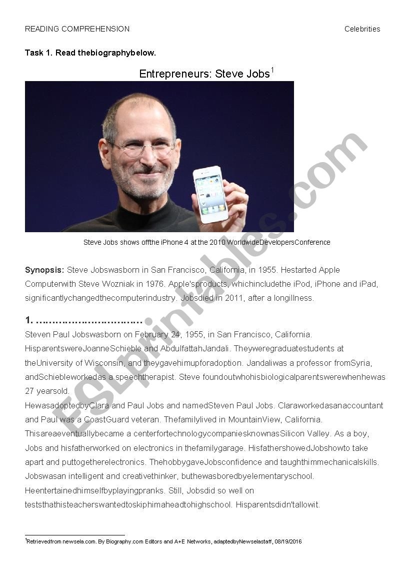 Autobiography Reading Comprehension Worksheet
