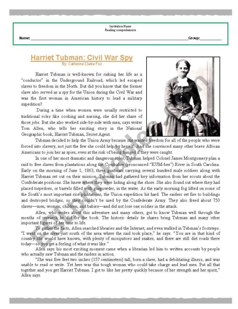 Reading Comprehension Worksheet Harriet Tubman ESL Worksheet By Ibtisam1