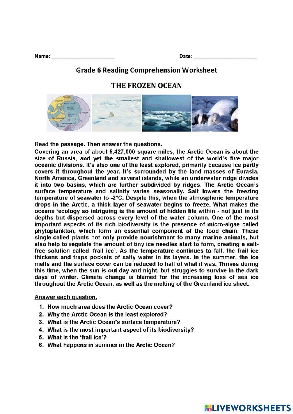 Reading Comprehension Worksheet The Frozen Ocean Online Exercise Worksheets Library